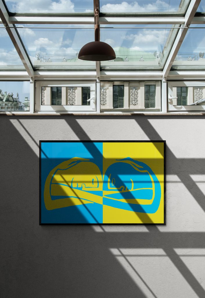 an artwork hanging on a wall in the colours of ukraine