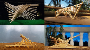 Collection of small-scale bamboo models exploring hyperbolic paraboloid forms for sustainable architectural design.
