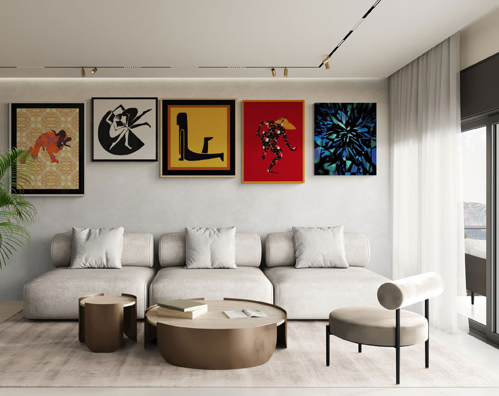 A living room with five piece of spiritual at